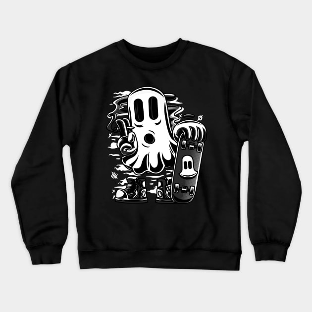 Skater Ghost Halloween Funny Grey Crewneck Sweatshirt by Ken Adams Store